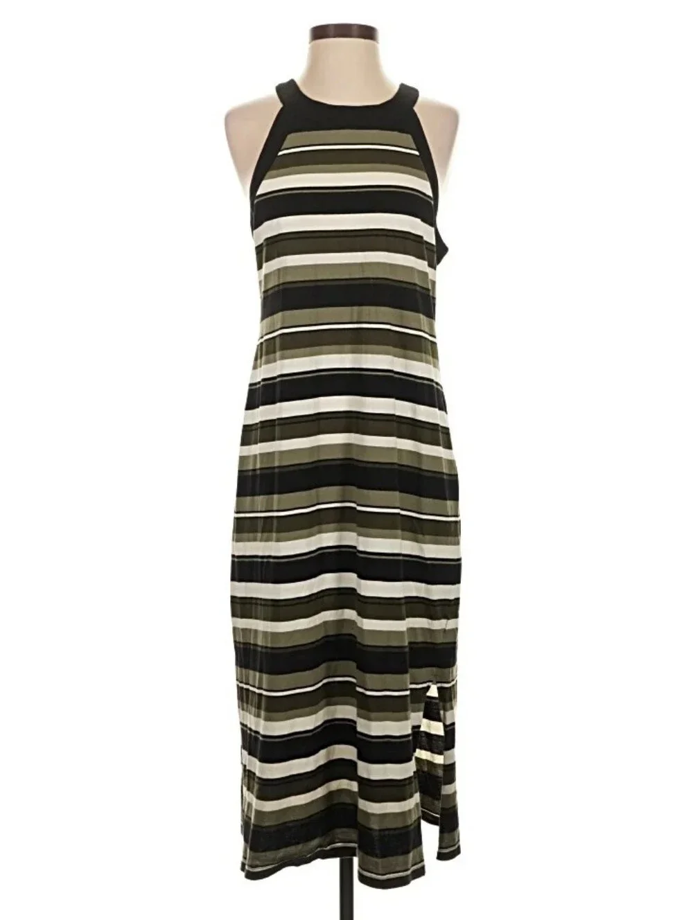 Michael Kors Striped Halter Midi Dress in Olive and Black